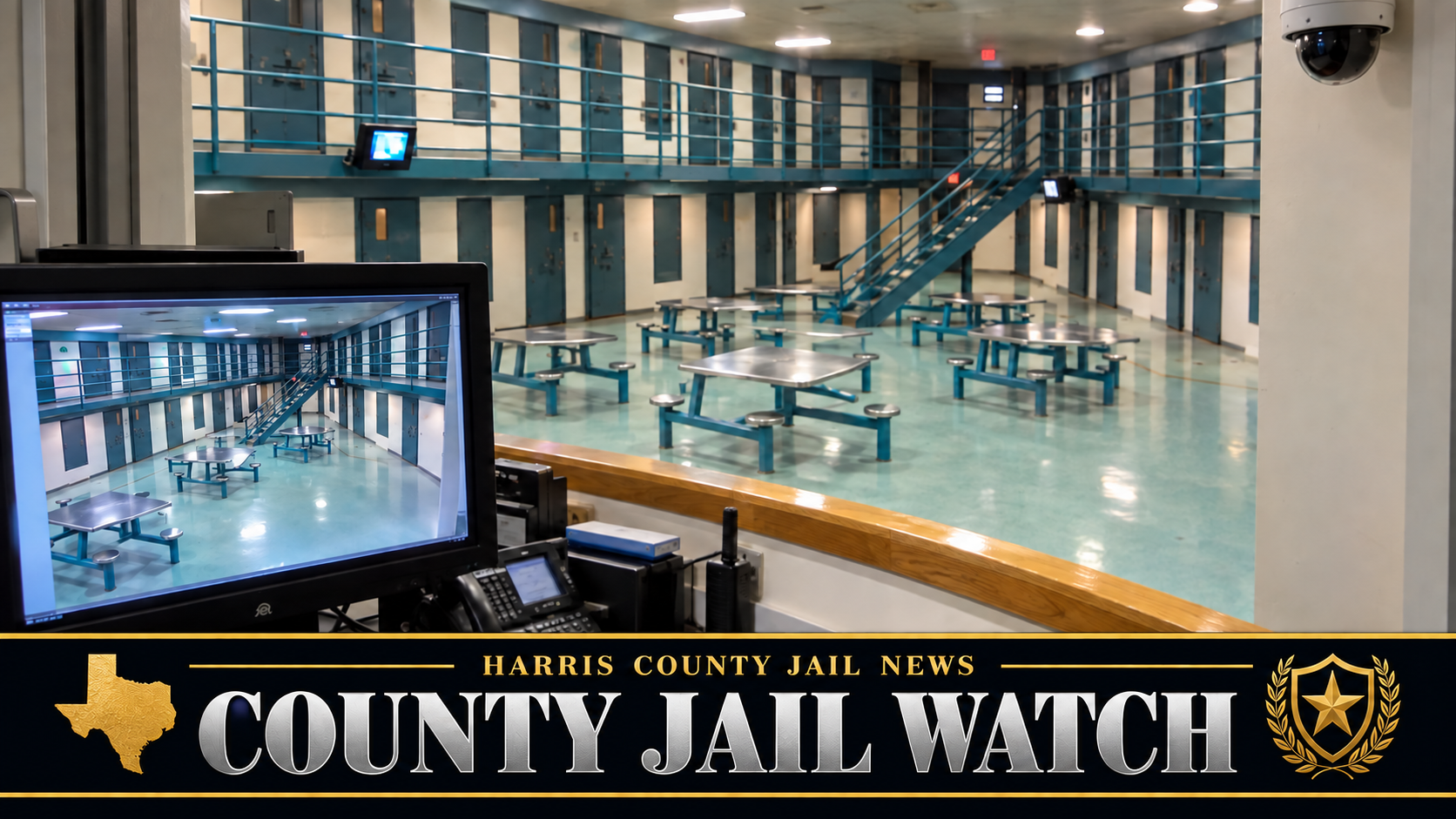 Jail housing unit with steel tables and two tiers of cells, seen from a guard station with a security camera and video monitor, under a Harris County Jail News County Jail Watch banner