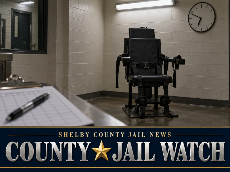 Empty restraint chair in a dimly lit county jail booking area beside a clipboard observation log, under a Shelby County Jail News County Jail Watch banner