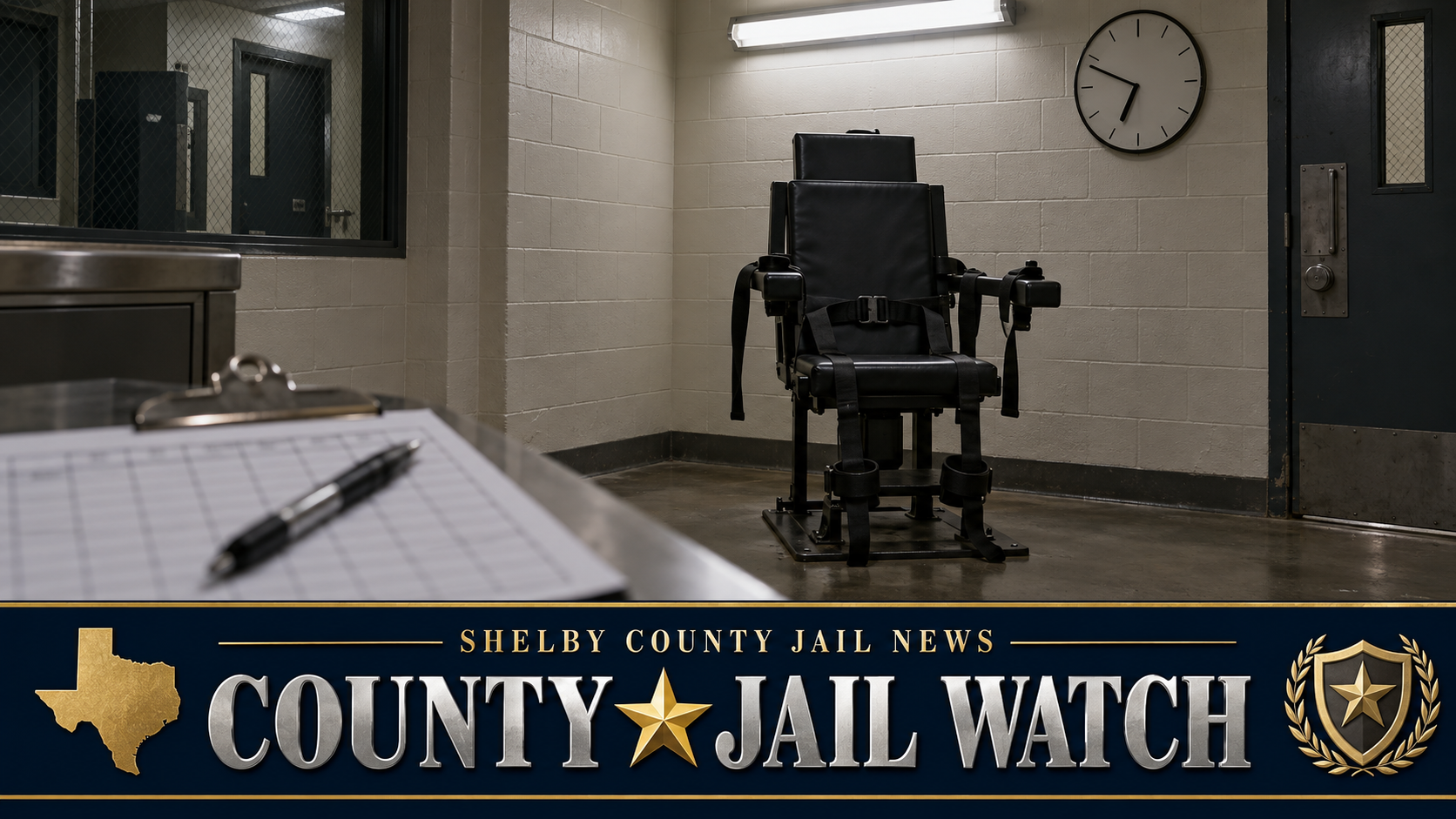 Empty restraint chair in a dimly lit county jail booking area beside a clipboard observation log, under a Shelby County Jail News County Jail Watch banner