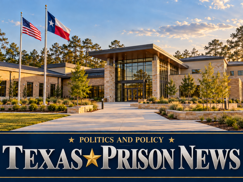New stone and glass training campus among East Texas pine trees with U.S. and Texas flags out front, under a Politics and Policy Texas Prison News banner