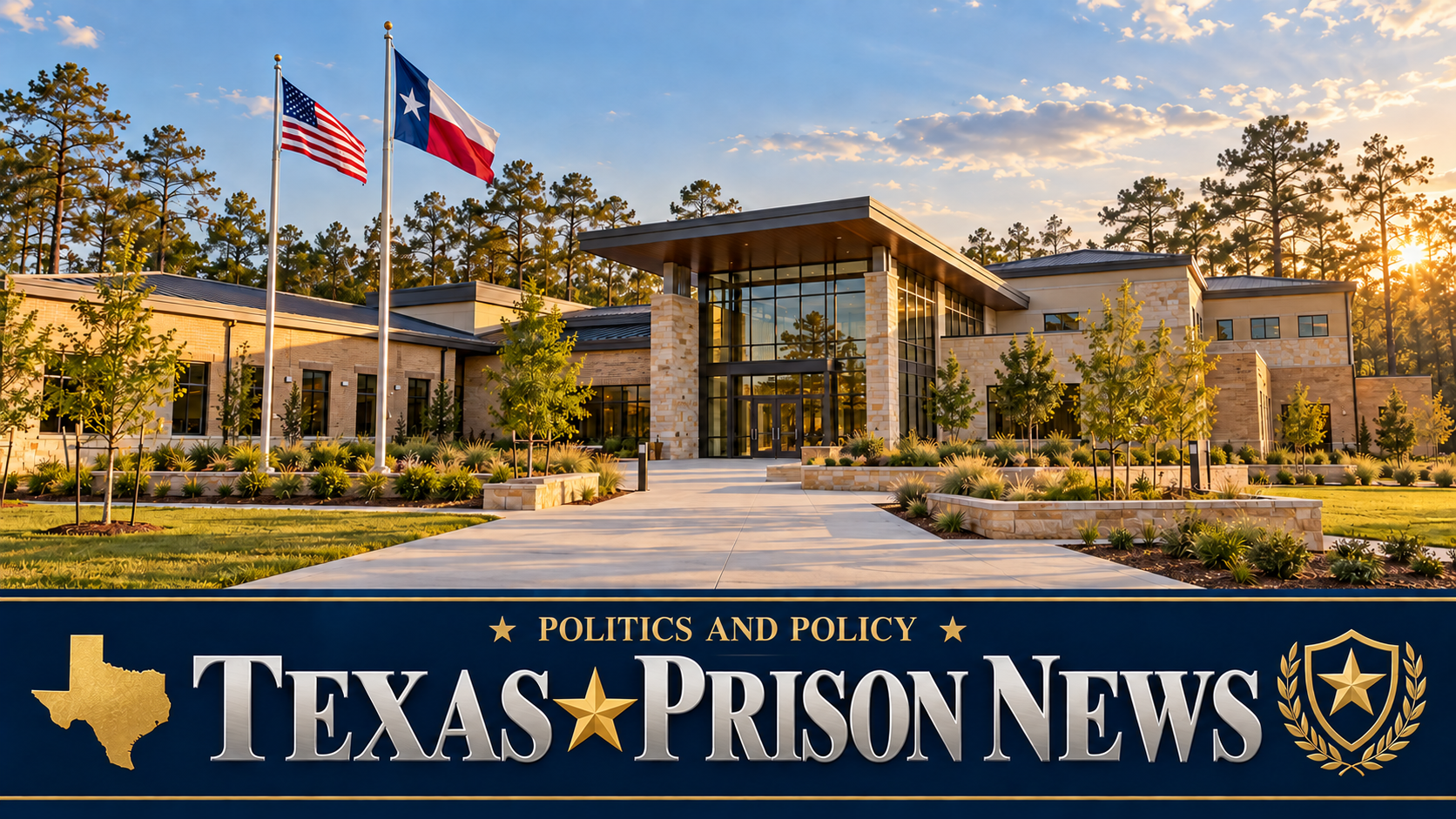 New stone and glass training campus among East Texas pine trees with U.S. and Texas flags out front, under a Politics and Policy Texas Prison News banner