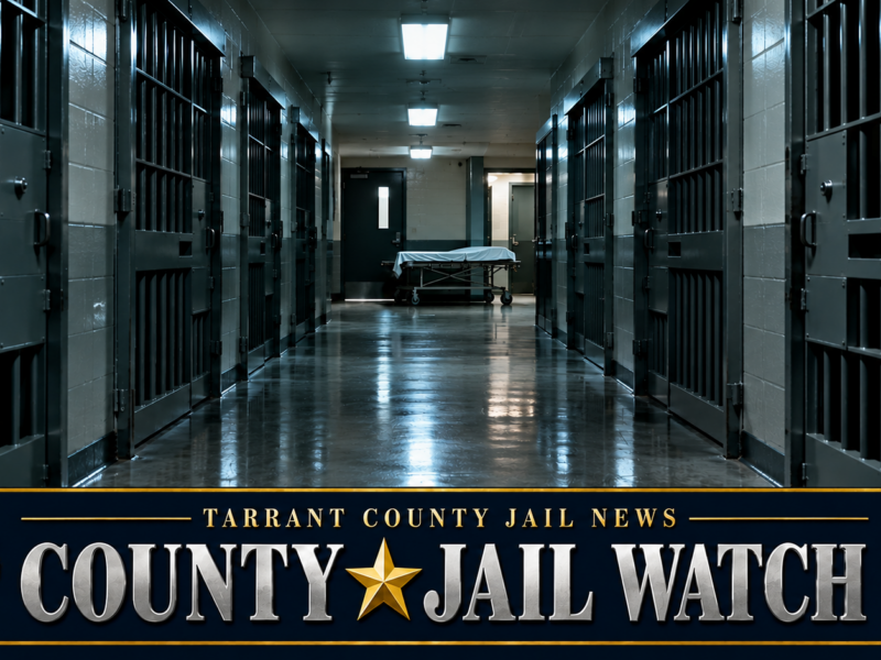 Empty county jail corridor at night with an empty hospital gurney at the far end