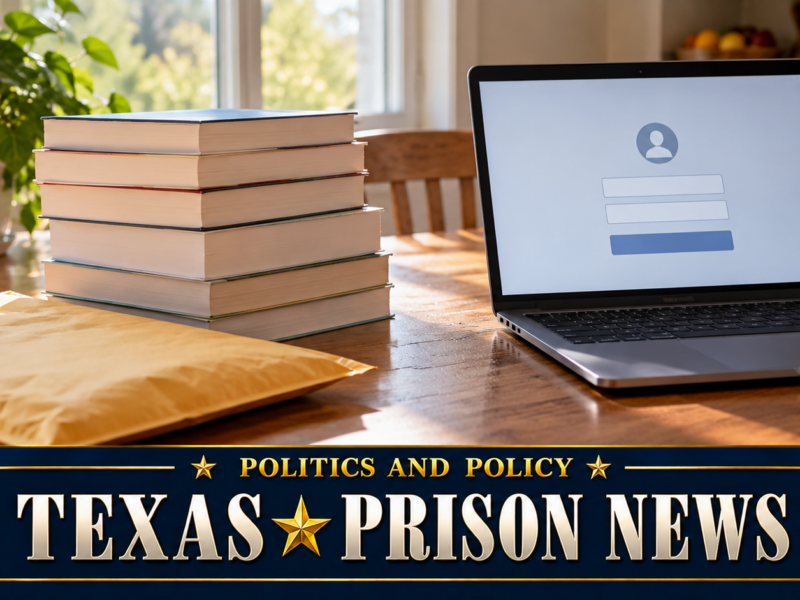 Stack of new paperback books beside a laptop sign-in screen for the TDCJ Book Portal