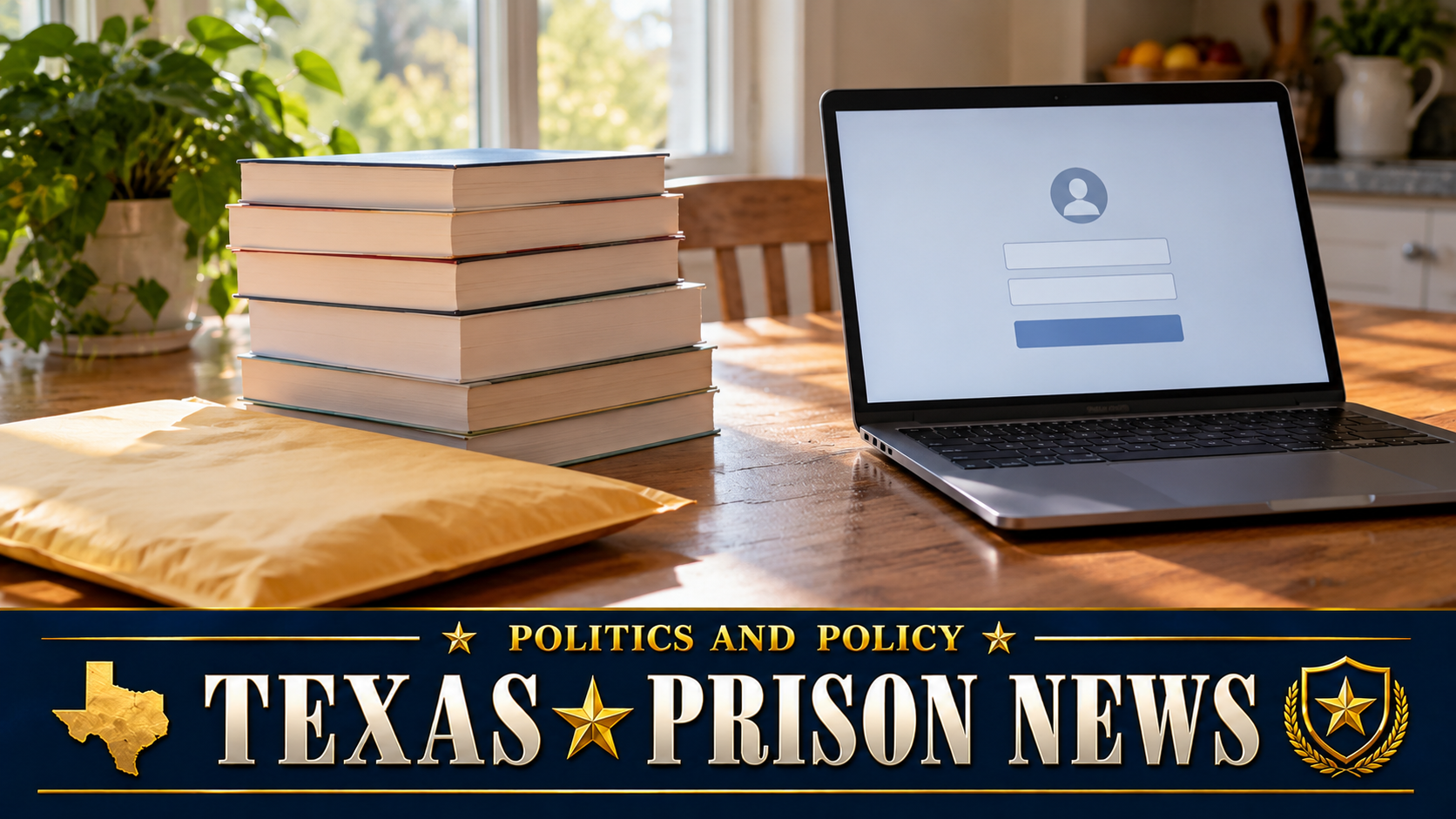Stack of new paperback books beside a laptop sign-in screen for the TDCJ Book Portal
