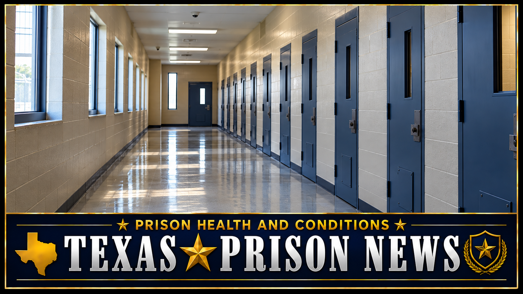 Empty juvenile detention hallway lined with closed cell doors